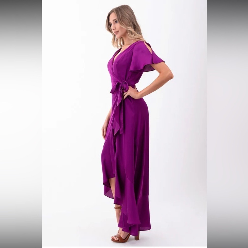 PURPLE WITH FLUTTER SLEEVES RUFFLE WRAP MAGENTA MAXI DRESS 159.00 - Picture 4 of 6
